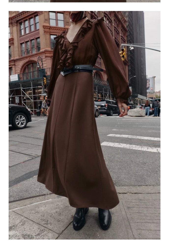 Zara Kahverengi Fırfırlı Uzun Kadın Elbise - Görsel 2