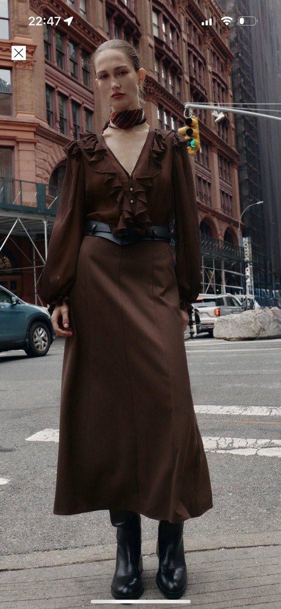 Zara Kahverengi Fırfırlı Uzun Kadın Elbise - Görsel 3