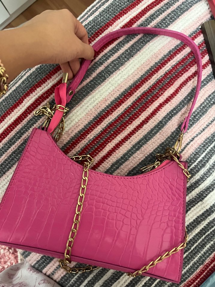 Pembe Zincir Detaylı Yılan Derisi Desenli Kadın Çanta - Görsel 2