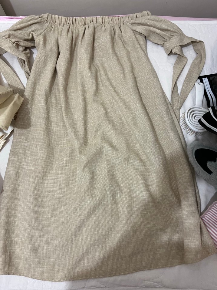 Bej Keten Midi Straplez Elbise - Görsel 4