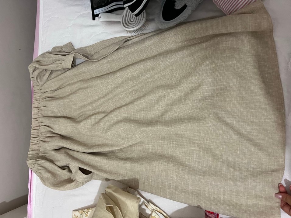 Bej Keten Midi Straplez Elbise - Görsel 3