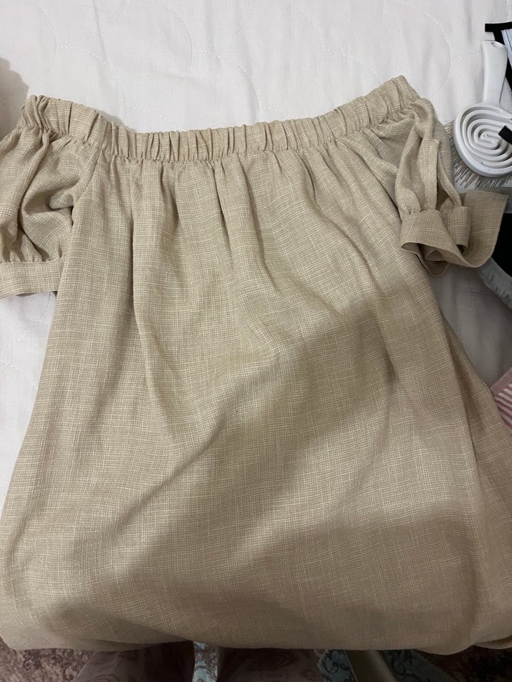 Bej Keten Midi Straplez Elbise - Görsel 2