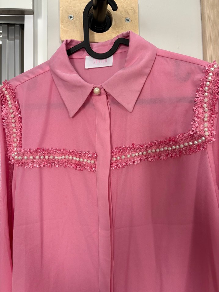 Pembe Nakışlı Uzun Kollu Kadın Gömlek - Görsel 3