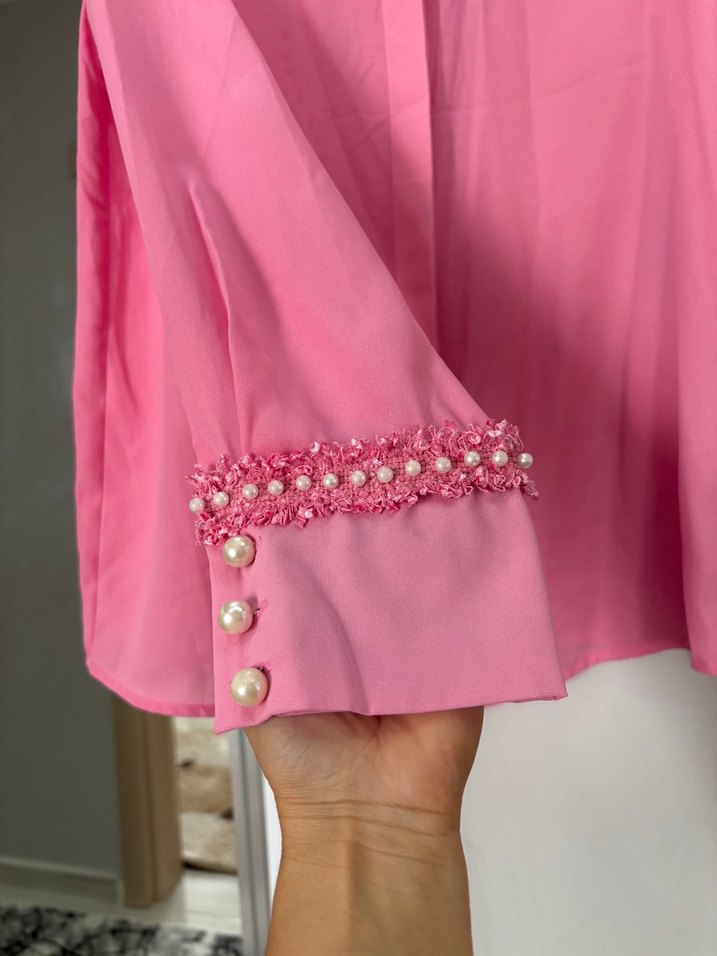 Pembe Nakışlı Uzun Kollu Kadın Gömlek - Görsel 2