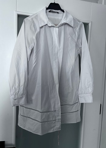 Düğmeli Beyaz Keten Midi Kadın Gömlek - Görsel 2