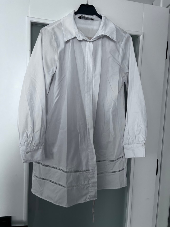 Düğmeli Beyaz Keten Midi Kadın Gömlek - Görsel 2