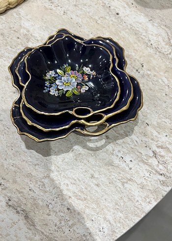 Antka3 lü Mavi Çiçek Desenli Koyu Renkli import Tabak Seti - Görsel 2