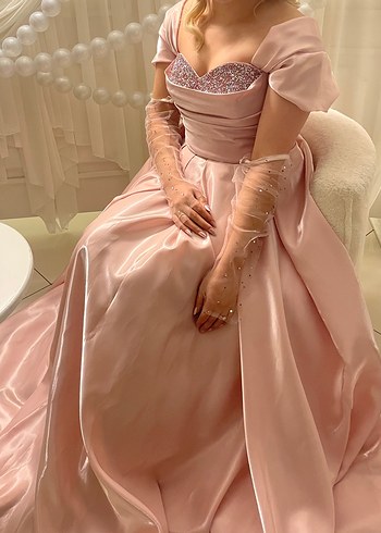 Abiye Pudra Pembe Saten Abiye Elbise