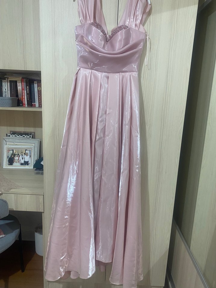 Pudra Pembe Saten Abiye Elbise — görsel 2/9