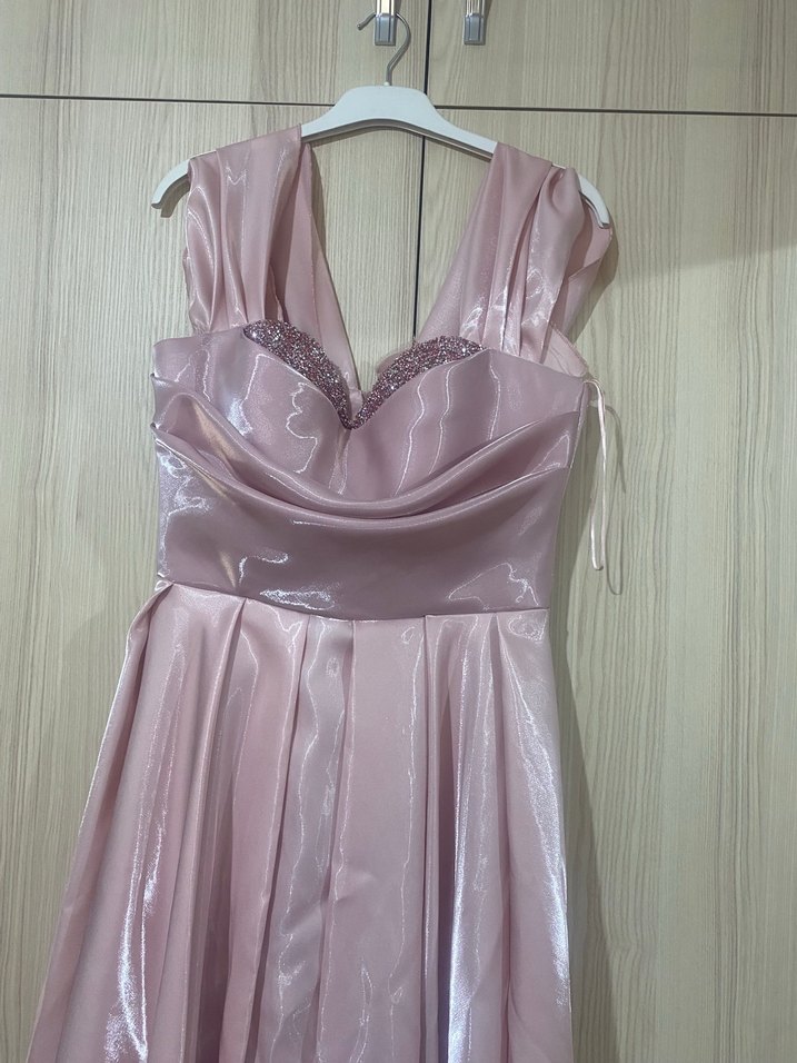 Pudra Pembe Saten Abiye Elbise — görsel 3/9