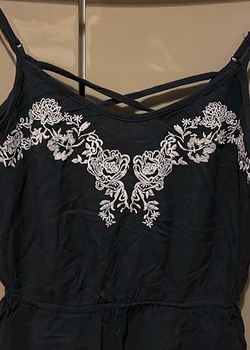 Dantel Detaylı İşlemeli lacivert Askılı Tulum - Görsel 2