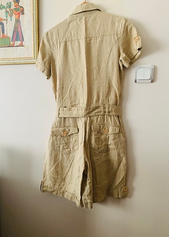 Kadın Bej Keten Kısa Tulum - Görsel 5