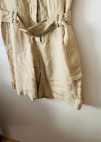 Kadın Bej Keten Kısa Tulum - Görsel 4