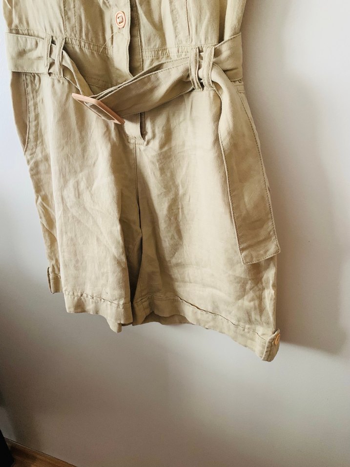 Kadın Bej Keten Kısa Tulum - Görsel 4