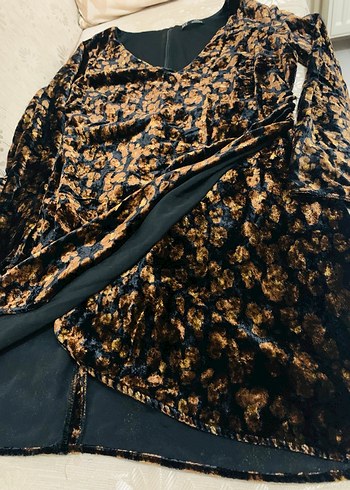 Zara kadife Uzun Kollu Kahverengi Desenli elbise - Görsel 2