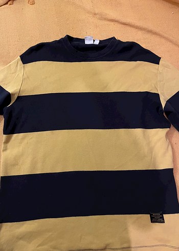 H&M Lacivert Bej Cizgili Rahat Bisiklet Yaka Tisort