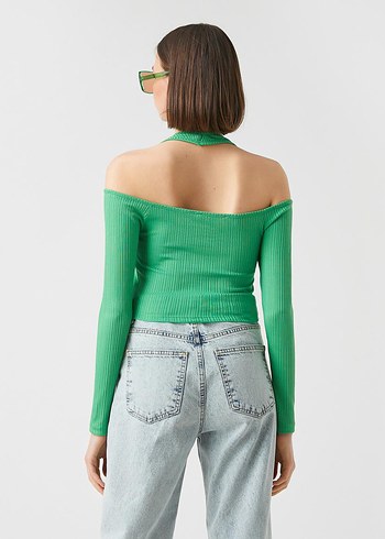 koton omuzları açık Uzun Kollu Crop Top - Görsel 7