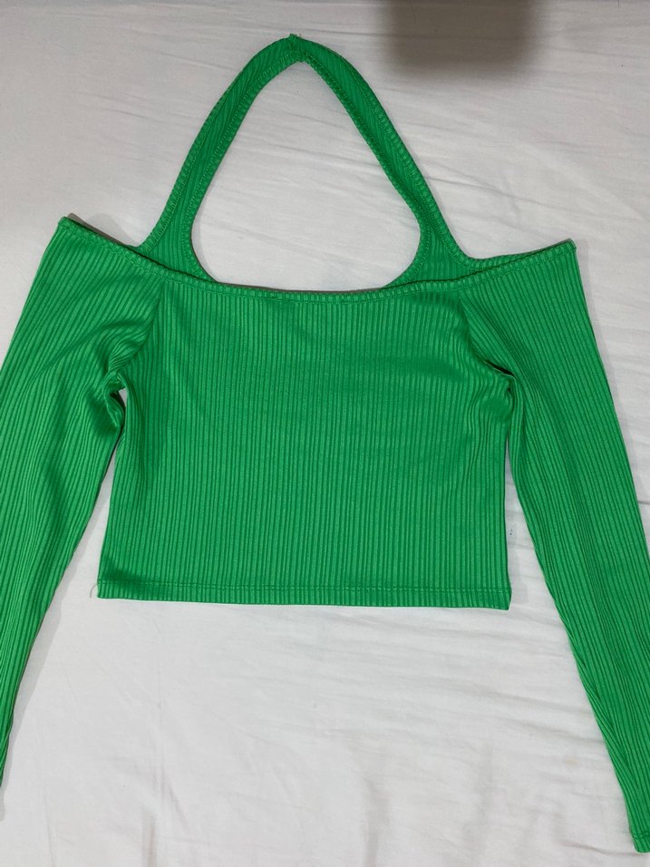 koton omuzları açık Uzun Kollu Crop Top - Görsel 5