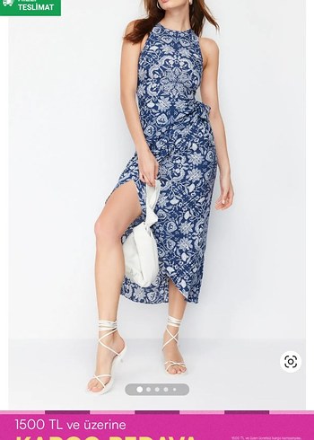 Denim Drapeli Strappy Uzun Elbise