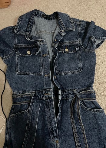 Düğmeli Kısa Kollu Lacivert Denim tulum