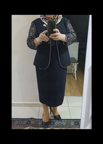 Düğmeli Siyah Midi Kadın Takım Elbise - Görsel 6