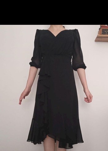 Siyah V Yaka Midi Elbise - Görsel 2