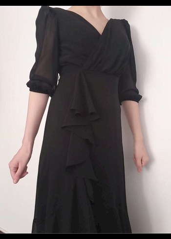 Siyah V Yaka Midi Elbise - Görsel 3