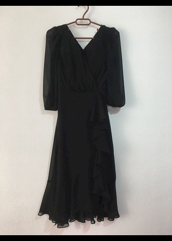 Siyah V Yaka Midi Elbise - Görsel 4