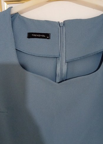 Mavi Midi Kalem Elbise, V Yaka, Kısa Kollu - Görsel 3