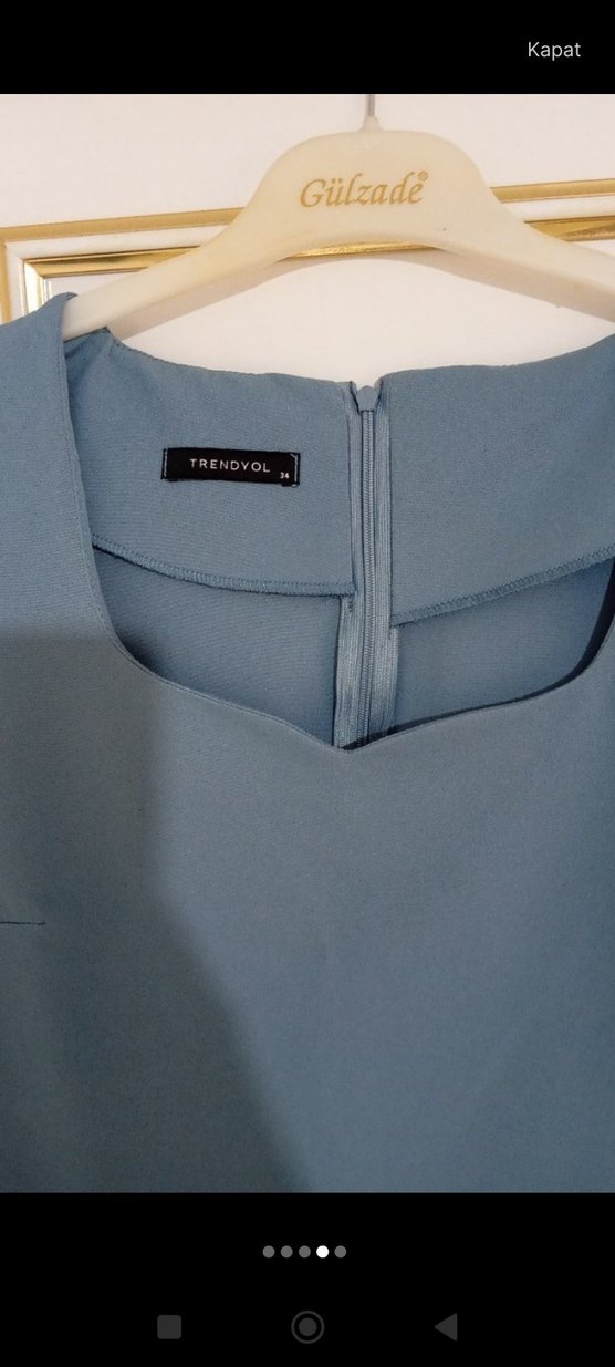 Mavi Midi Kalem Elbise, V Yaka, Kısa Kollu - Görsel 3