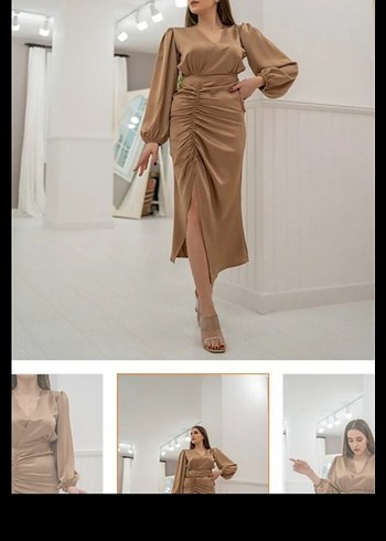 Bej V Yaka Uzun Drapeli Kadın Elbise - Görsel 2