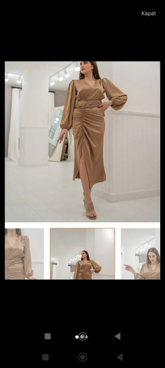 Bej V Yaka Uzun Drapeli Kadın Elbise - Görsel 2