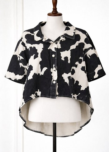 Düğmeli Siyah Beyaz Batik Denim Gömlek - Görsel 2