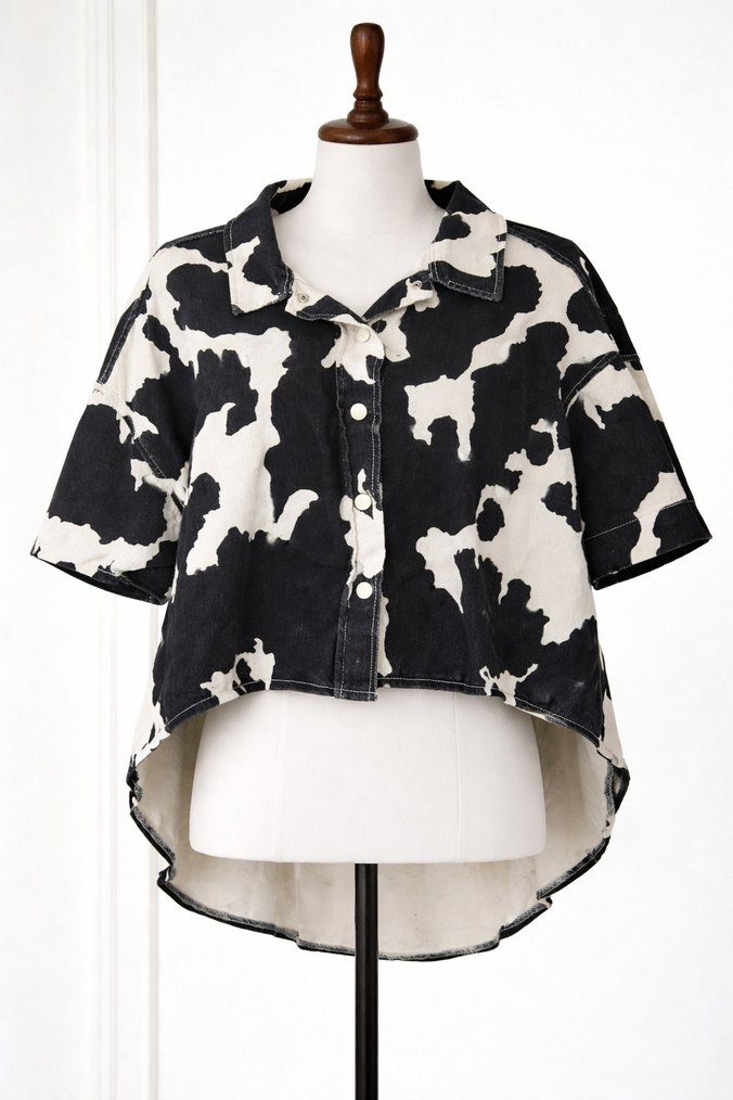 Düğmeli Siyah Beyaz Batik Denim Gömlek - Görsel 2