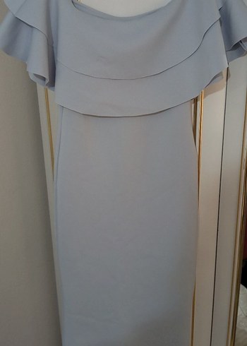 Mavi Fırfırlı Kayık Yaka Kalem Elbise - Görsel 2