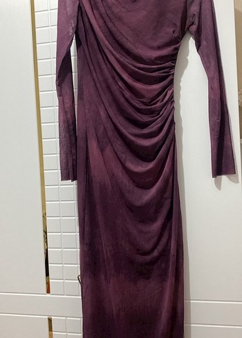 Bordo Drapeli Uzun Kollu Uzun Elbise - Görsel 2