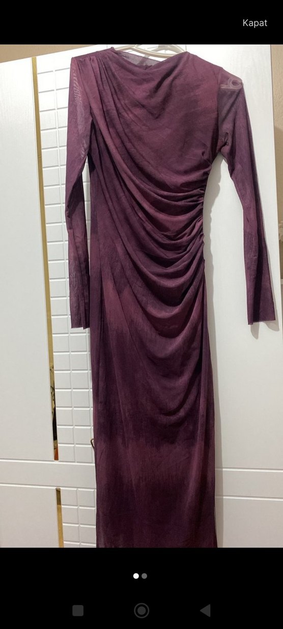 Bordo Drapeli Uzun Kollu Uzun Elbise - Görsel 2