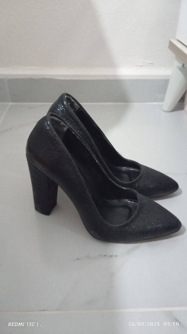 Siyah Parlak Yılan Desenli Kalın Topuklu Stiletto - Görsel 3