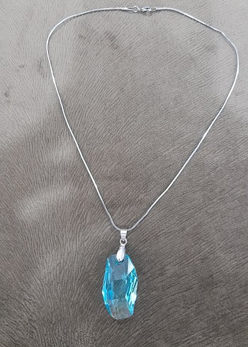 swarovski Seffaf Mavi Tasli İnce Gumus Kolye