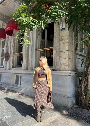 Drapeli Kahverengi Ekose Midi  Eteği - Görsel 2