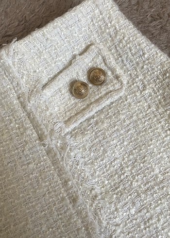 Düğmeli Beyaz Mini Keten Etek - Görsel 2