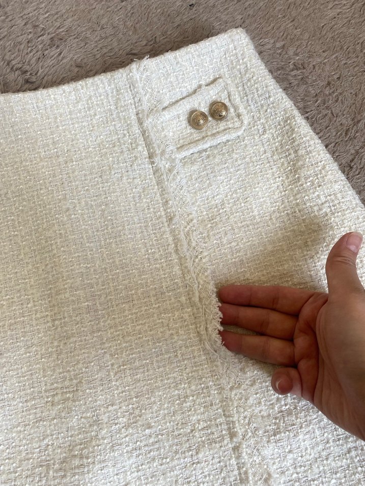 Düğmeli Beyaz Mini Keten Etek - Görsel 3