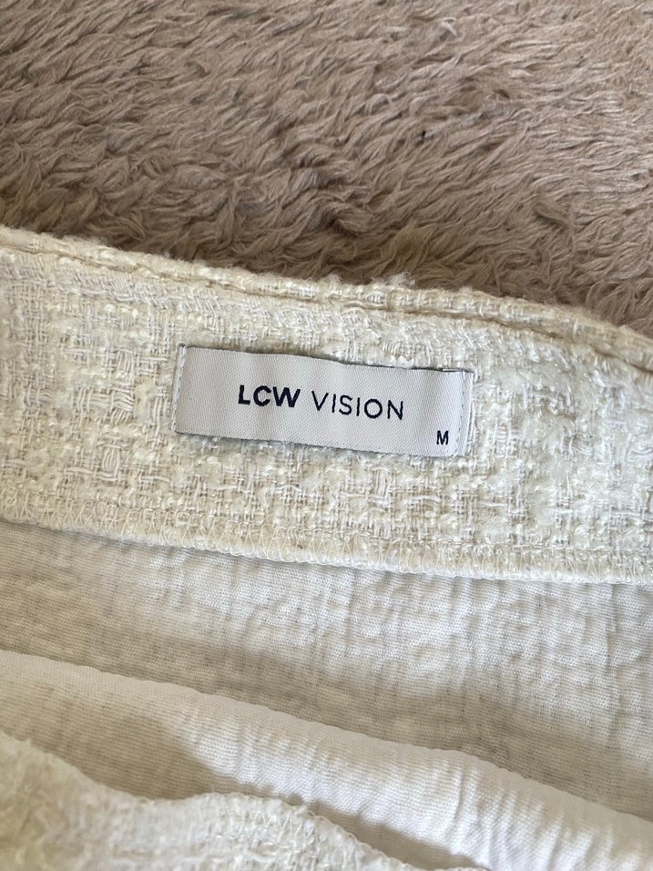 Düğmeli Beyaz Mini Keten Etek - Görsel 4