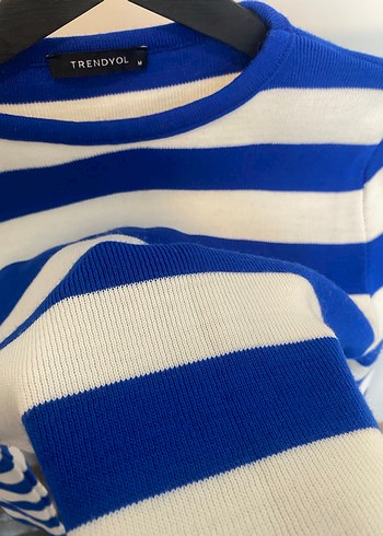 Mavi Beyaz Çizgili Pamuklu Kadın Kazak - Görsel 3