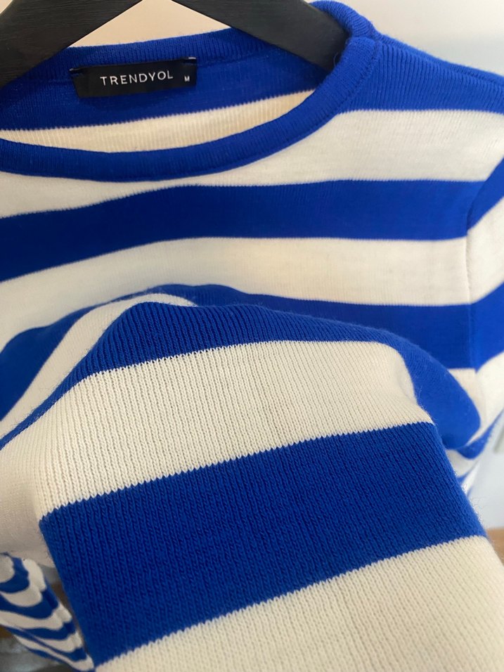 Mavi Beyaz Çizgili Pamuklu Kadın Kazak - Görsel 3