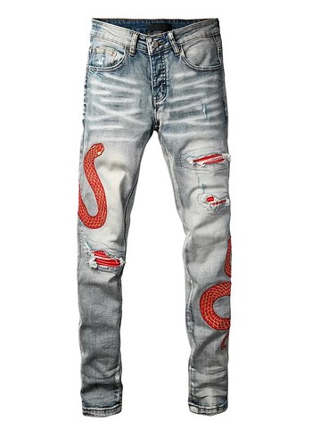 Rick Owens Kirmizi Yilan Desenli Amiri Mavi Slim Jean