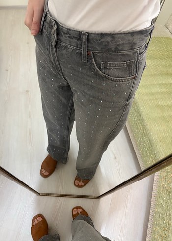 Zara Zara Gri Taşlı Denim Pantolon