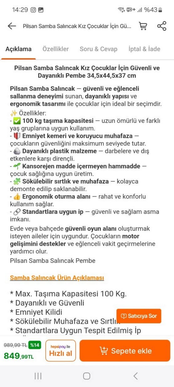 Pilsan Samba Bebek Salıncağı Turuncu - Görsel 4