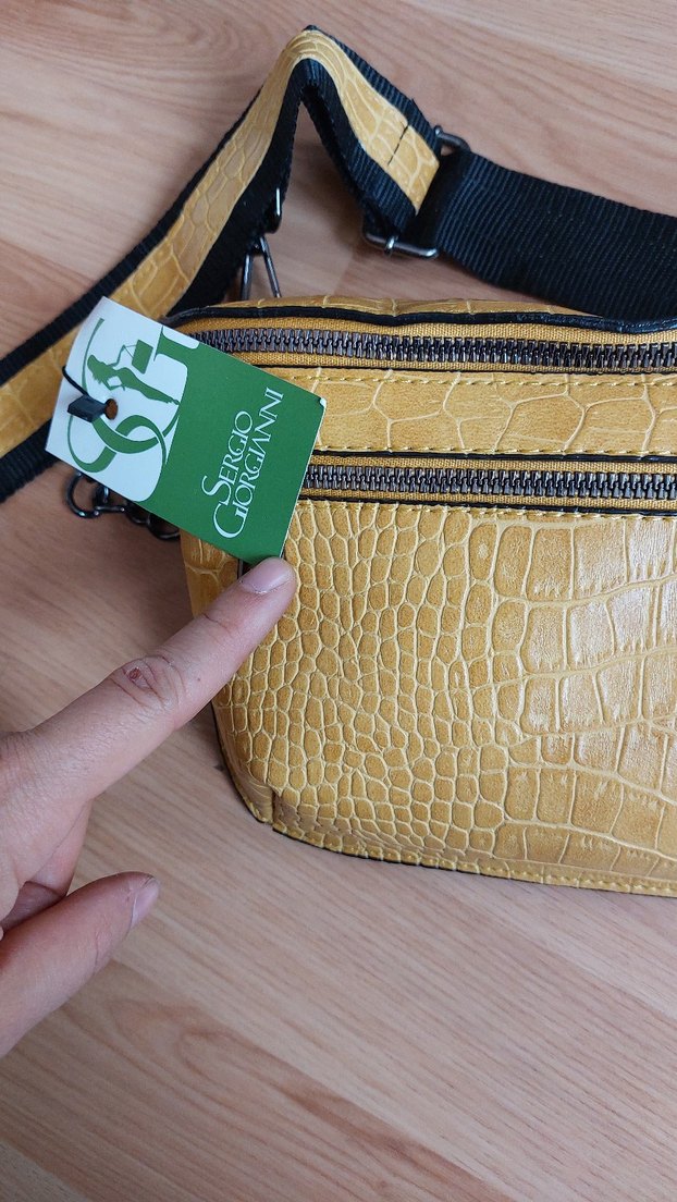 Sarı Deri Yılan Desenli Bel Çantası - Görsel 2