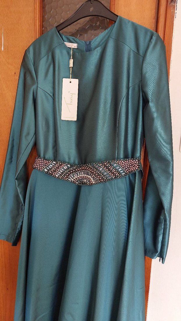 Uzun Turkuaz Drapeli Kadın Abiye Elbise - Görsel 2